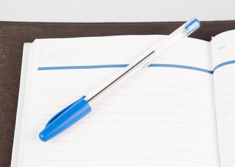 Open note book with lined pages free date space and ballpoint pe