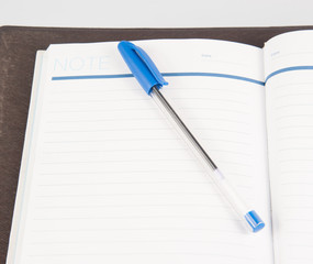 Open note book with lined pages free date space and ballpoint pe