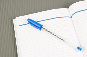 Open note book with lined pages free date space and ballpoint pe