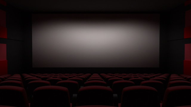 movie theatre with a green screen, 3d animation