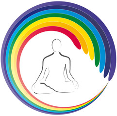 Yoga - Lotussitz - Chakra - Logo für Entspannung und Meditation, Heilung und Achtsamkeit, Esoterik und Spiritalität, Regenbogenfarben