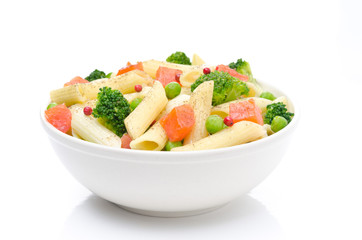 salad with pasta, smoked salmon, broccoli, green peas
