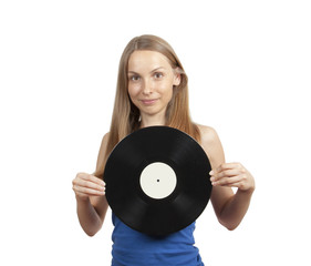 Girl with vinyl disc, isolated on white background