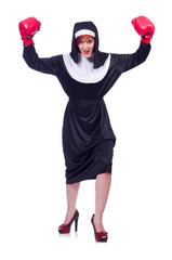 Nun with boxing gloves isolated on white