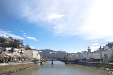 Austrian city of Salzburg in spring time on the river