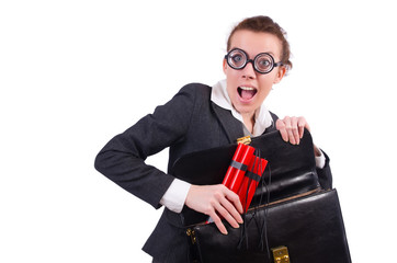 Businesswoman with dynamite on white