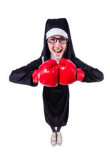 Nun with boxing gloves isolated on white