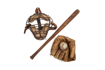 Vintage baseball,bat,glove and catchers mask