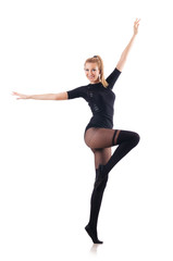 Obraz premium Young woman dancing on white background