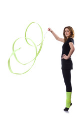 Young gymnast exercising on white