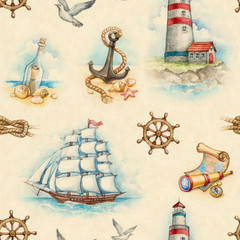 Fototapeta premium Nautical watercolor seamless pattern