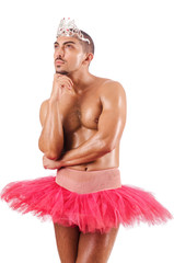 Man in ballet tutu isolated on white