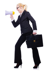 Woman businesswoman with loudspeaker on white