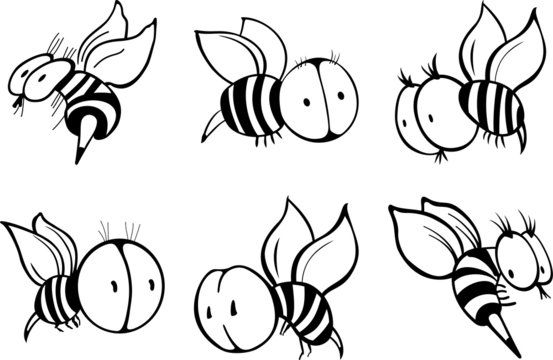 Set with cartoon bee silhouettes (black and white)