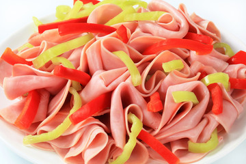 Sliced ham and strips of fresh pepper