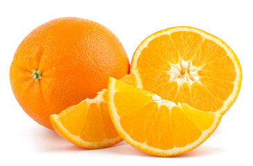 Cut orange fruit isolated on white background