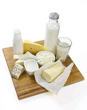milk products on the board, clipping path included
