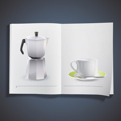 Realistic cup and teapot inside a book.
