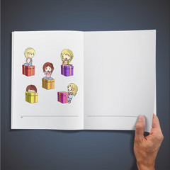 Colorful gift box with kids inside a book