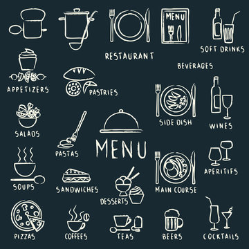 Chalk drawn restaurant menu design elements on blackboard