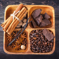 Coffee beans, cinnamon, vanilla, nutmeg and star anise