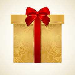 Golden gift box floral pattern and red bow (ribbon)