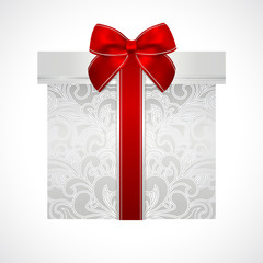 Silver gift box floral pattern and red bow (ribbon)