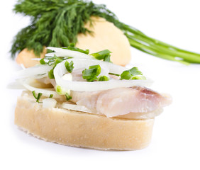 Sandwiches  with herring, onions and herbs on white background