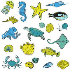 Obraz premium Sea life Animals - Hand drawn collection in vector