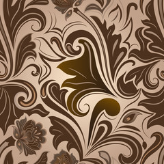 Seamless brown floral vector pattern.