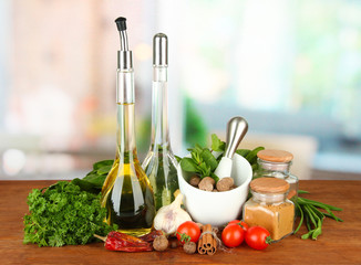 Composition of mortar, bottles with olive oil and vinegar, and