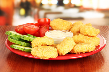 Fried chicken nuggets with vegetables and sauce on table in