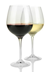 Two glasses of  red and white wine, isolated on white