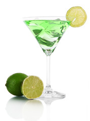 Green cocktail with lime isolated on white