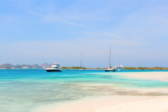 Yachts at the beach of archipelago Los Roques, Venezuela
