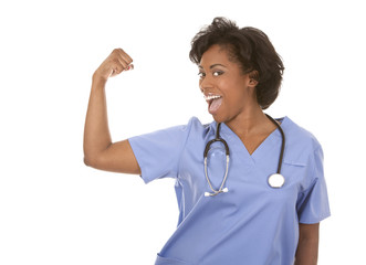 nurse flexing muscles
