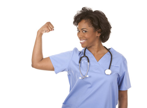 nurse flexing muscles