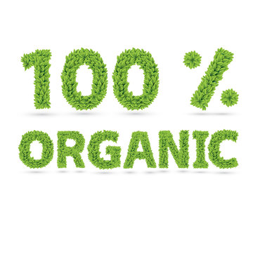 100% organic text of green vector leaves
