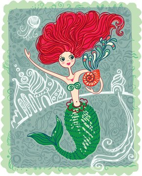 Cute card with a beautiful mermaid.