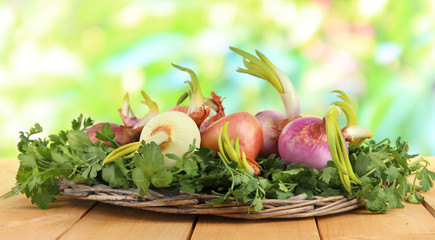 Sprouting onions on board with herbs on nature background