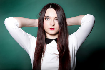 Woman straight long hair make-up posing