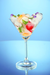Ice cubes with flowers and herbs and fruits inside in martini