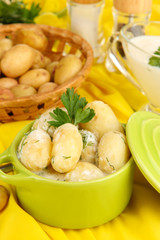 Tender young potatoes with sour cream and herbs in pan