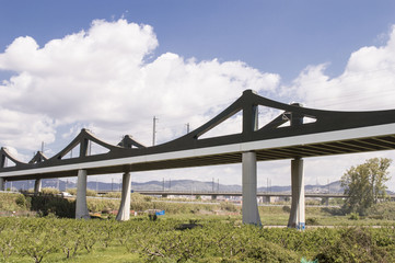 Railway bridge high speed on a river