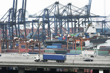 Naklejka premium container port and highway in Hong Kong