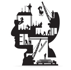 Building construction with workers in sIlhouette of head