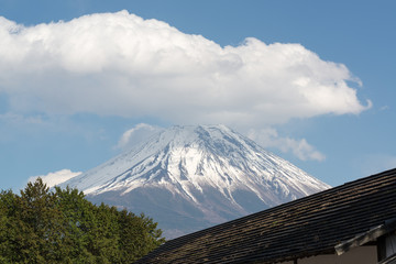 The peak of Mount Fuji on a cloudy day