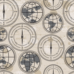 Seamless retro grunge background with globe and compass - 52134543