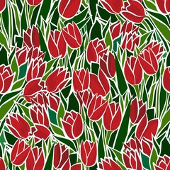 czerwone tulipany  wiosenne kwiaty nieskończony deseń - obrazy, fototapety, plakaty