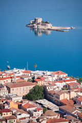 Aerial view of Bourtzi castle and city of Nafplio